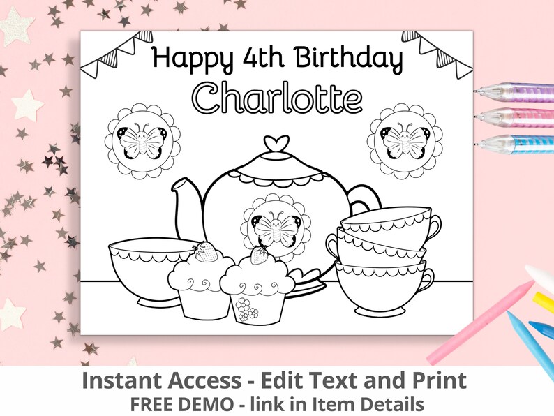 Editable Happy Birthday Coloring Page Tea Birthday Party Tea Party ...