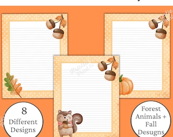 Fall Lined Paper, Fall Stationery Set, Digital Stationery, Autumn Stationery, Cute Letter Paper, Forest Animals, Pumpkin, Acorn Stationery