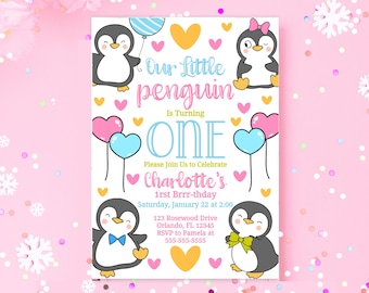 Penguin Birthday Party Invite Penguin Party Invitation 1st Birthday Invite Winter Party Invite Girl Birthday Invite Editable Template