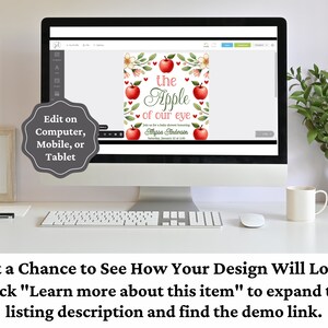 May include: A digital mockup of a printable baby shower invitation with a watercolor illustration of red apples and white flowers. The text reads "The Apple of Our Eye" with a name and date. The invitation is displayed on a computer screen.