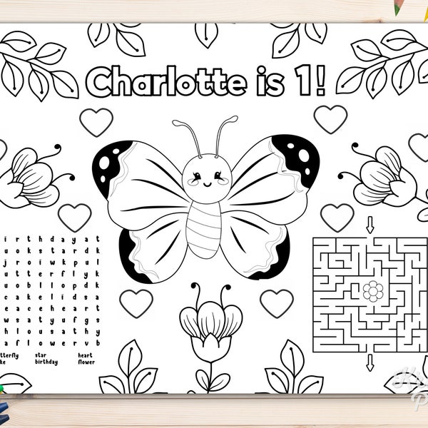 Editable Butterfly Birthday Party Placemat, Butterfly Coloring Page Printable, Butterfly Theme Birthday Party, Activity  Sheet, Garden Party