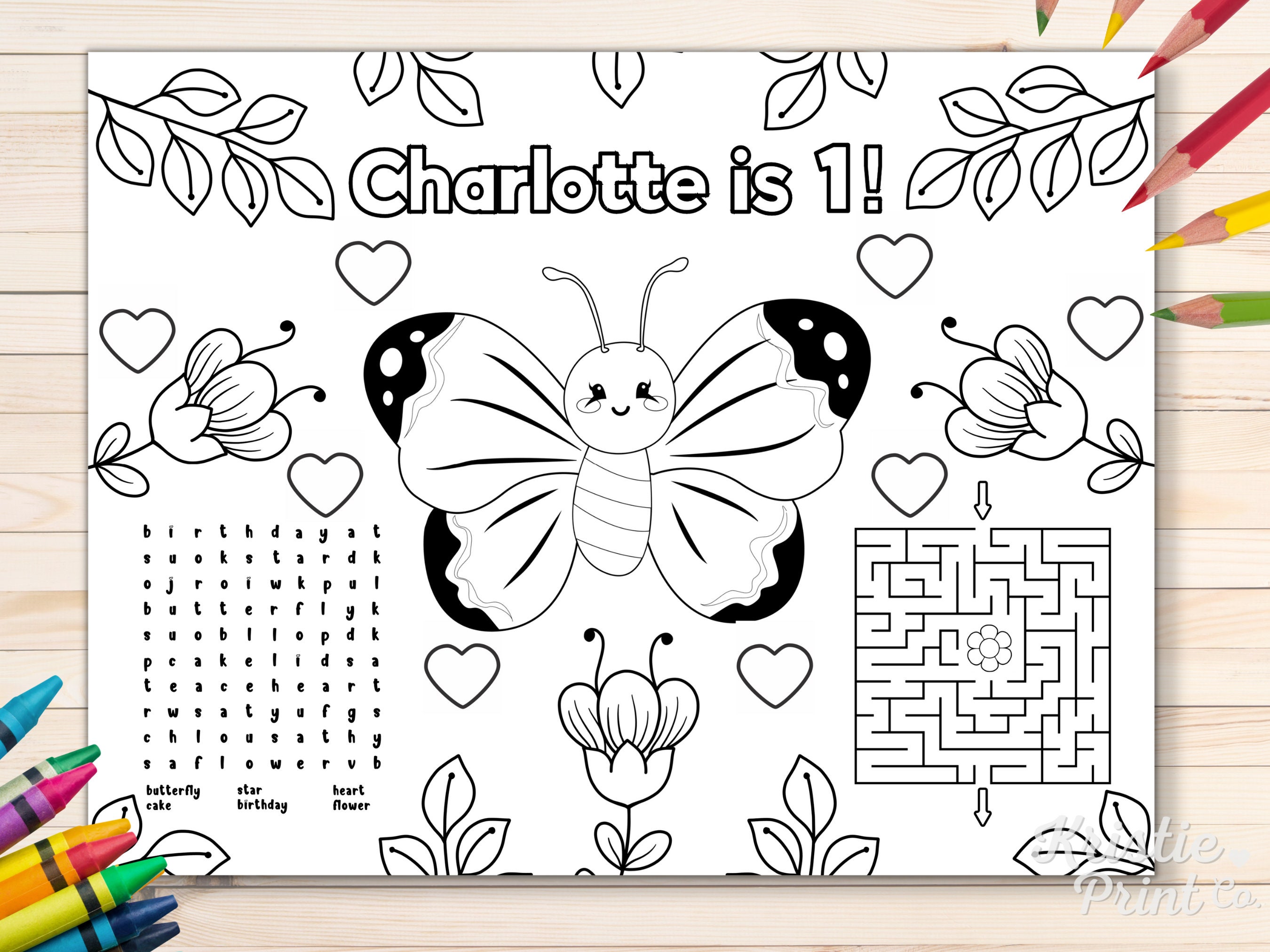 Editable Butterfly Birthday Party Placemat, Butterfly Coloring Page Printable, Butterfly Theme Birthday Party, Activity  Sheet, Garden Party