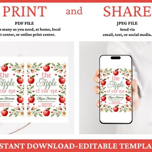 May include: Printable baby shower invitation template featuring a red apple with the text "The Apple of Our Eye" and a floral design. The invitation is available in PDF and JPEG formats.