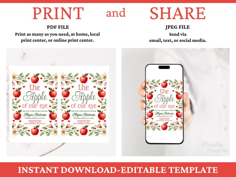 May include: Printable baby shower invitation template featuring a red apple with the text "The Apple of Our Eye" and a floral design. The invitation is available in PDF and JPEG formats.