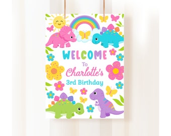 Welkomstbord met dinosaurusmotief voor een meisje - Feestdecoraties met dinosaurusmotief voor een meisje - Verjaardag met dinosaurusmotief - Babyshower met dinosaurusmotief - Feestbord met dinosaurusmotief voor een meisje - Dino DIN3