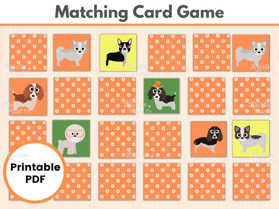 Dog Memory Game Printable, Matching Card Game, Matching Game Printable
