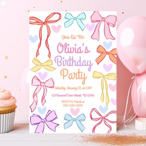 Op de afbeelding: Een verjaardagsuitnodiging met een witte achtergrond, met kleurrijke strikken en harten. De tekst "Olivia's Birthday Party" wordt weergegeven in een speels lettertype. Details zijn onder meer de datum, tijd en RSVP-informatie.