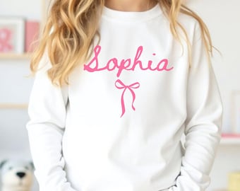 Camiseta con nombre personalizado para niña, camiseta con nombre para niña pequeña, camiseta con lazo coqueto, camiseta con nombre personalizado, regalo de cumpleaños para niña pequeña, camiseta con lazo preppy para niños
