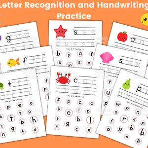May include: A set of printable worksheets for letter recognition and handwriting practice. Each worksheet features a different letter of the alphabet, with a picture and lines for tracing. The worksheets are designed for young children learning to write.
