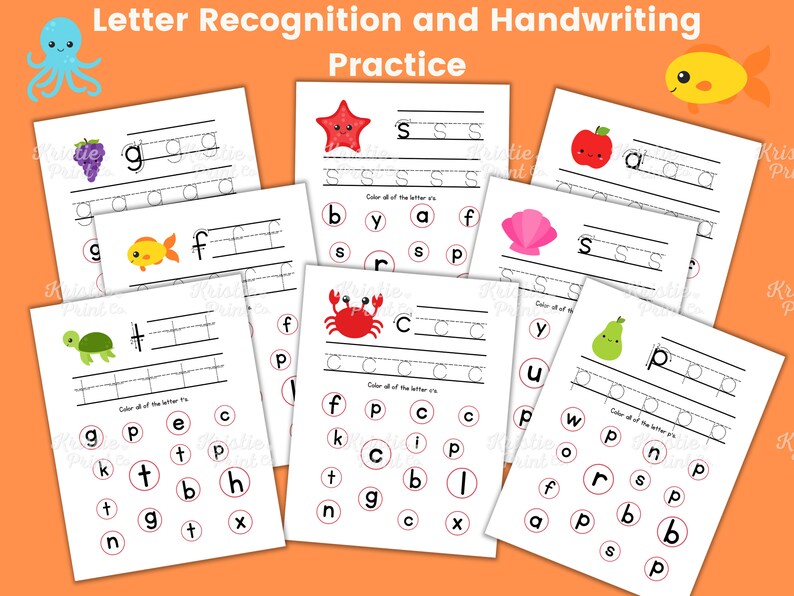 May include: A set of printable worksheets for letter recognition and handwriting practice. Each worksheet features a different letter of the alphabet, with a picture and lines for tracing. The worksheets are designed for young children learning to write.