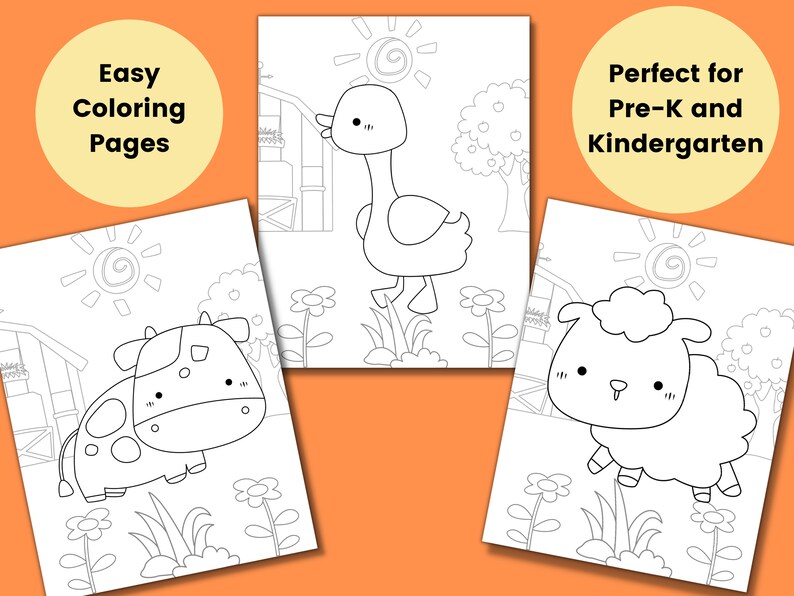 Páginas para colorear de granja para niños, juegos de fiesta para niños, recuerdo de cumpleaños de granja, hoja para colorear de animales, actividades de baby shower, educación en casa imprimible imagen 2