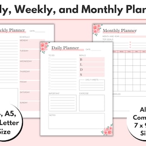 Daily planner, Weekly planner, Monthly planner, Printable planner, Planner set inserts, A4, A5, US Letter, 7 x 9.25, Planner Pages PDF