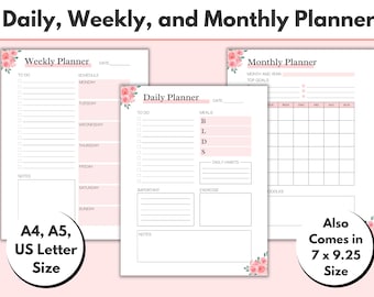 Daily planner, Weekly planner, Monthly planner, Printable planner, Planner set inserts, A4, A5, US Letter, 7 x 9.25, Planner Pages PDF