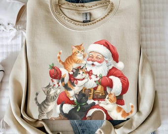 Sudadera navideña con gatos y Papá Noel. Lindo regalo navideño para amantes de los gatos. Camiseta vintage de los 90. Camiseta retro navideña. Cuello redondo para mujer.