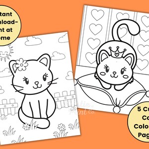 May include: Five black and white coloring pages featuring cute cats. One cat is wearing a crown and sitting on a pillow. Another cat is sitting in a grassy field with a flower in its ear.