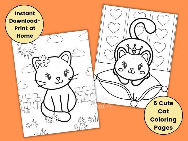 May include: Five black and white coloring pages featuring cute cats. One cat is wearing a crown and sitting on a pillow. Another cat is sitting in a grassy field with a flower in its ear.