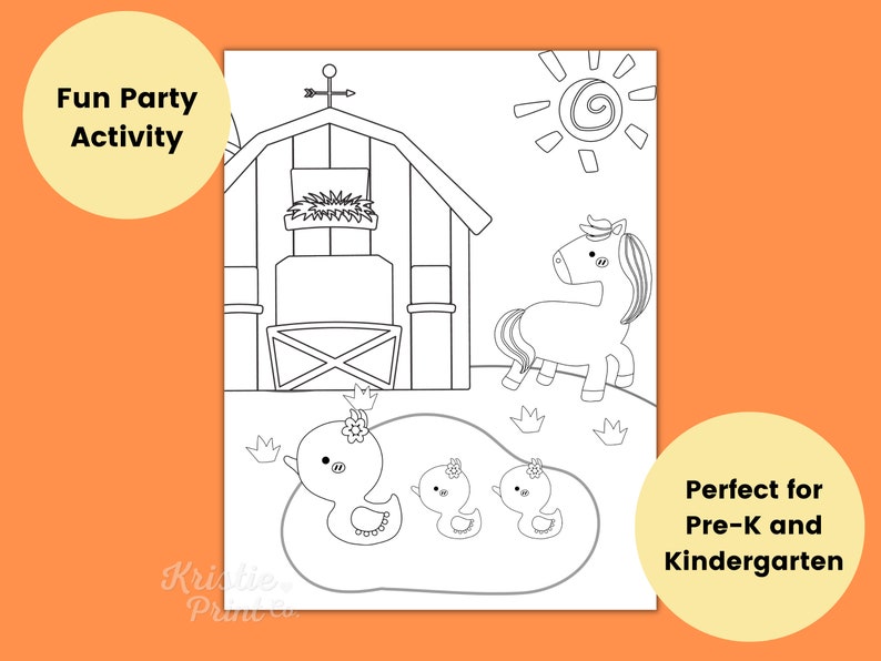 May include: A black and white coloring page featuring a barn, a horse, ducks, and a sun. The text "Fun Party Activity" is at the top of the page. The text "Perfect for Pre-K and Kindergarten" is at the bottom of the page.