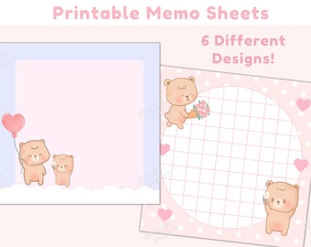Kawaii Memo Pad, Printable Memo Pad PDF, Bear Memo, Cute Printable Notepad, Kawaii Stationery Printable, Cute Stationery Printables, Pastel