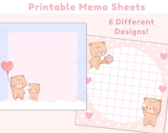 Kawaii Notizblock, druckbare Notizblock PDF, Bär Memo, niedlicher druckbarer Notizblock, Kawaii Briefpapier druckbare, niedliche Briefpapier Ausdrucke, Pastell