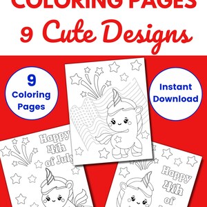 Op de afbeelding: Een rood-witte afbeelding met de tekst "4th of July Coloring Pages" en "9 Cute Designs". De afbeelding toont kleurplaten met eenhoornontwerpen en de tekst "Happy 4th of July".