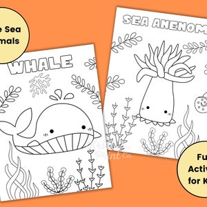 May include: Black and white coloring pages featuring a whale and a sea anemone. The title "Cute Sea Animals" is at the top of the whale page. The title "Sea Anemone" is at the top of the sea anemone page. The text "Fun Activity for Kids" is at the bottom of the sea anemone page.
