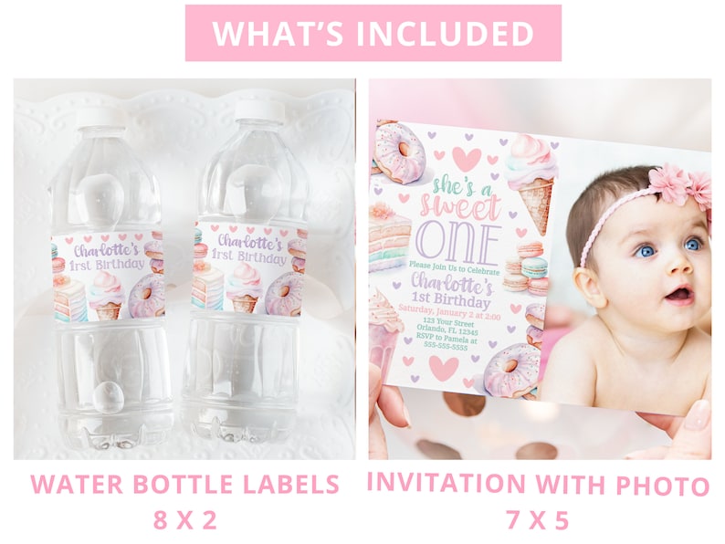 Sweet One Birthday Bundle Sweet One Party 1St Birthday Bundle Girl First Birthday Decor Editable Templates Ice Cream Donut Invitation SWE1 image 8