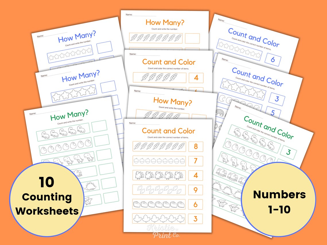 Counting Worksheets Kindergarten Math Worksheets Preschool Etsy
