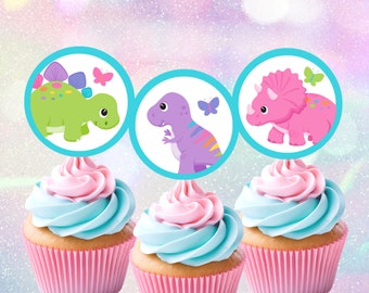 Girl Dinosaur Cupcake Toppers Printable Three Rex Party Decorations Girl Dinosaur Party Dinosaur Baby Shower Girl Dino Birthday Decor DIN3