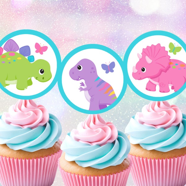 Girl Dinosaur Cupcake Toppers Printable Three Rex Party Decorations Girl Dinosaur Party Dinosaur Baby Shower Girl Dino Birthday Decor DIN3