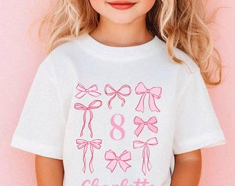 Bow Birthday Shirt Girls Personalized Shirt Coquette Birthday T-Shirt Girl Birthday Party TShirt Pink Bow Party Outfit Girl Birthday Tee