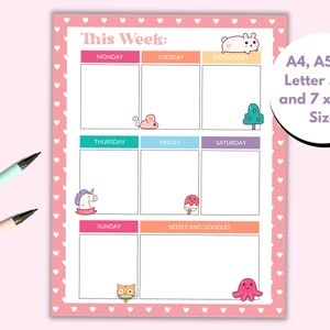 May include: A printable weekly planner with a pink background and white hearts. The planner has spaces for each day of the week, Monday through Sunday, with cute animal illustrations. The planner also includes a section for notes and doodles.