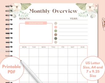 Monthly Overview Insert, Month at a Glance Printable, Boho Planner, A5 Printable Planner Inserts, Instant Download, Month on One Page