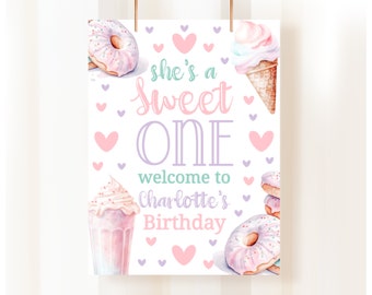 Cartel de primer cumpleaños para niñas, donut, cartel de primer cumpleaños, cartel de bienvenida, dulces pastel, plantilla editable, SWE1