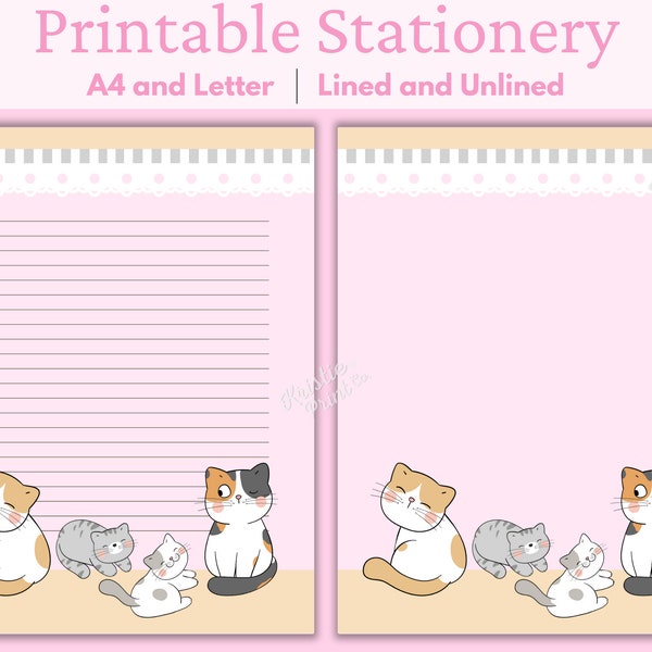 Cat Stationery Printable, Kawaii Stationery Printable, Printable Kawaii Letter Paper, Cute Kids Stationary, Kitten, Cat Stationary Paper