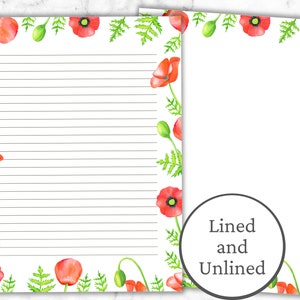 Poppy Border schrijfpapier, bloemen gelinieerd papier, afdrukbaar briefpapier, dagboekpapier, digitale download briefpapier, penpal brief