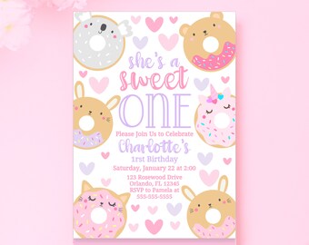 Invito ciambella Sweet One Ciambella 1° compleanno Invito Sweet One Ragazza 1° compleanno Ciambella Compleanno modificabile Ciambella a tema Primo SWE2