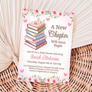 A New Chapter Will Soon Begin Baby Shower Invitation Books Baby Shower Girl Baby Shower Invite Library Baby Shower Book Theme Shower STK2
