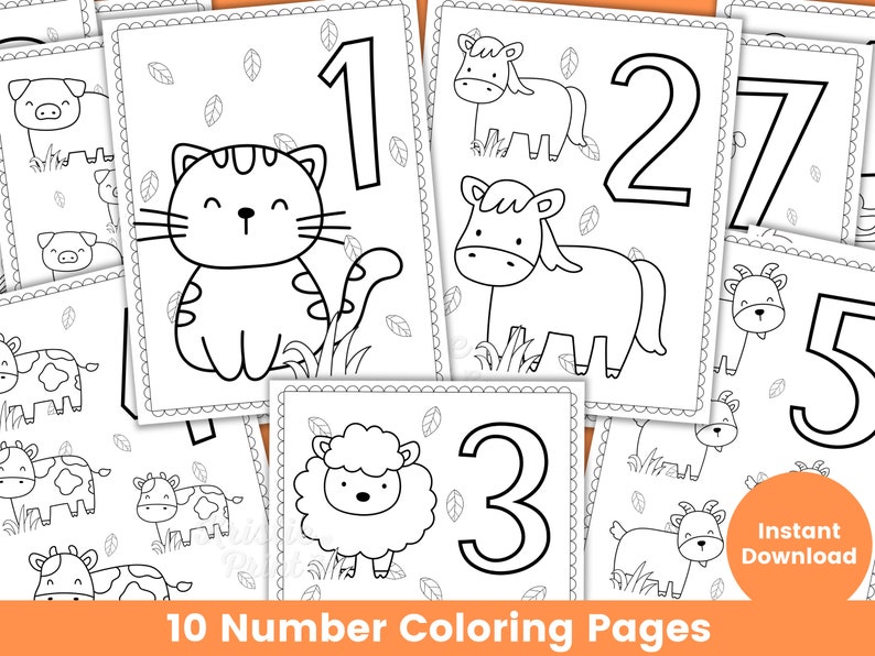 May include: Ten black and white colouring pages featuring numbers 1 through 10 with farm animal illustrations.  Each page has a number and a different animal, such as a cat, pig, cow, horse, sheep, and goat.
