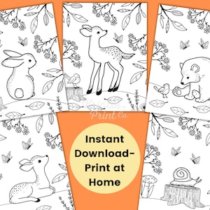 May include: Five black and white coloring pages featuring a deer, a rabbit, a bear, a snail, and a bird. The pages are set against a background of leaves, flowers, and butterflies. The text "Instant Download - Print at Home" is in the center of the image.