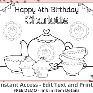 Editable Happy Birthday Coloring Page, Tea Birthday Party Tea Party Favors Birthday High Tea Birthday Tea Party Coloring Sheet Tea Time TEA1