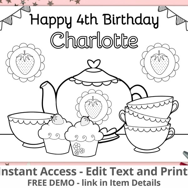 Editable Happy Birthday Coloring Page, Tea Birthday Party Tea Party Favors Birthday High Tea Birthday Tea Party Coloring Sheet Tea Time TEA1