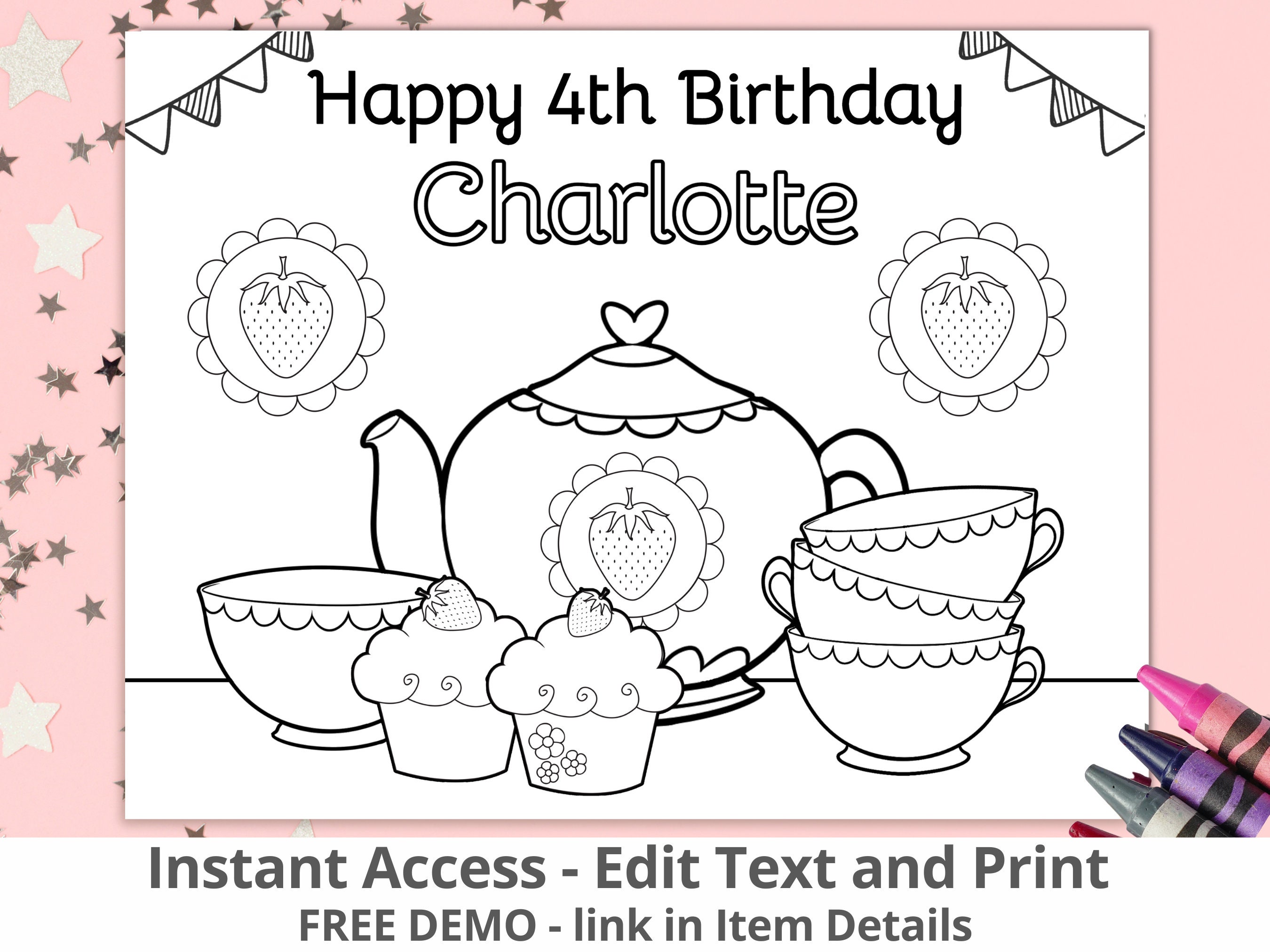 Editable Happy Birthday Coloring Page, Tea Birthday Party Tea Party