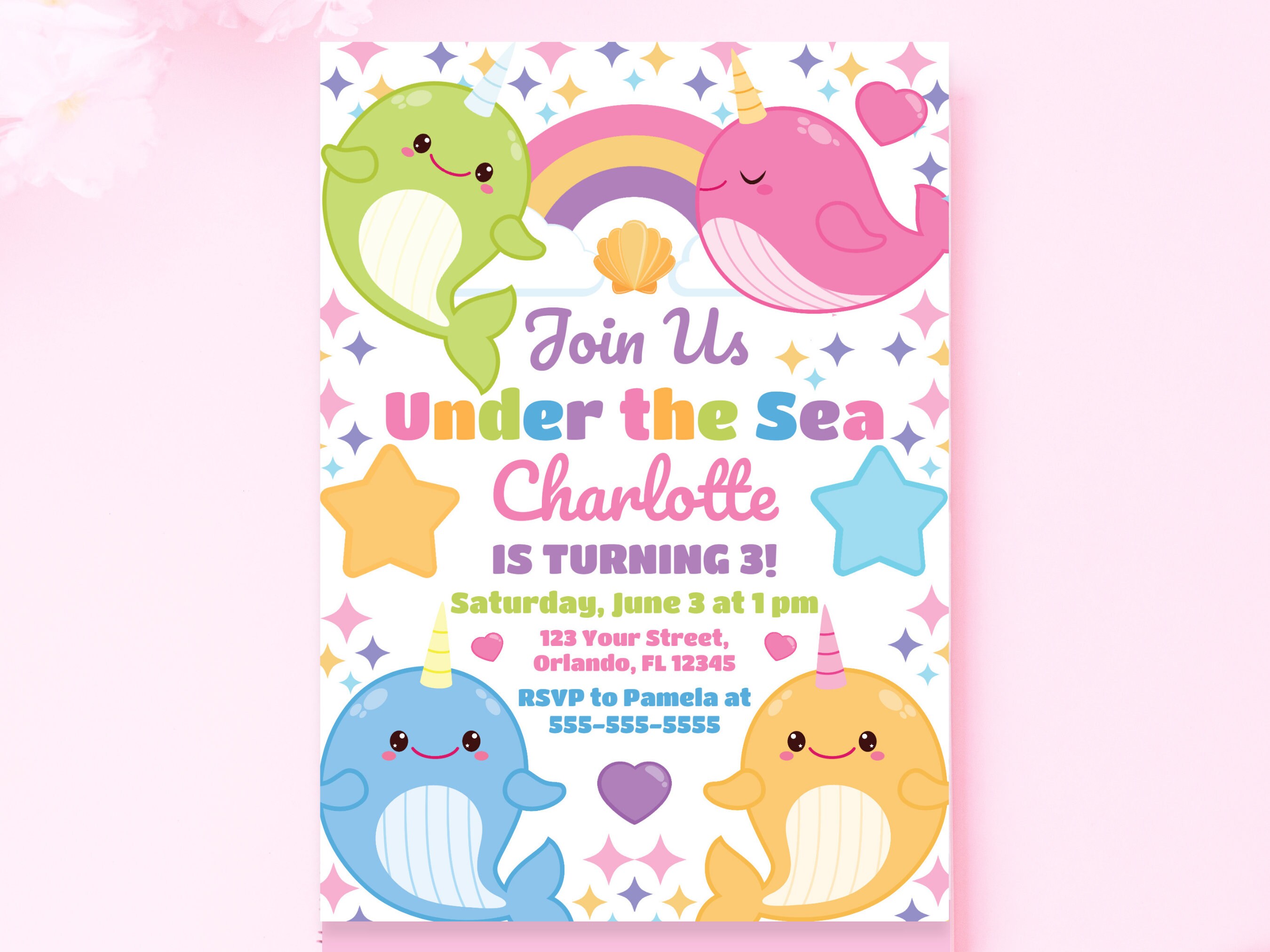 Narwhal Birthday Invitation Under the Sea Party Girl Birthday Invite ...