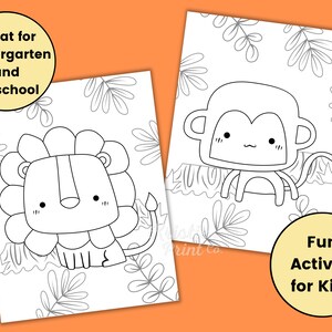 Peut inclure: Deux pages &agrave; colorier en noir et blanc repr&eacute;sentant un lion et un singe. Le lion a une grande crini&egrave;re et le singe est assis. Les pages sont entour&eacute;es d'illustrations de feuilles. Le texte sur l'image dit "Great for Kindergarten and Preschool" et "Fun Activity for Kids."