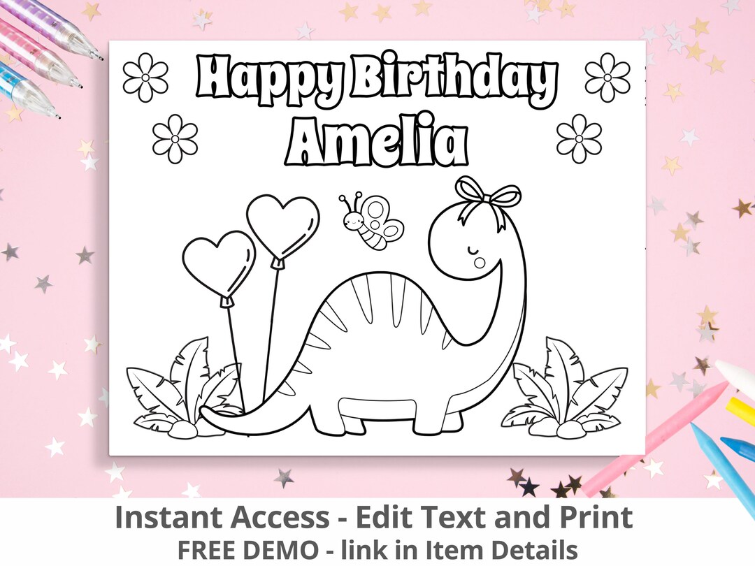 Personalized Dinosaur Coloring Sheet for Girls Dinosaur Party Coloring ...