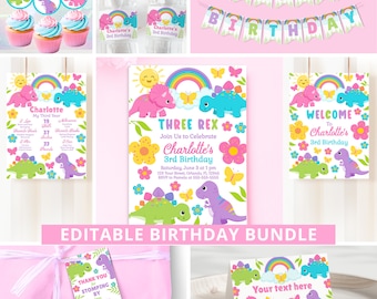 Three Rex Girl Birthday Party Bundle Dinosaur Birthday Dinosaur Party Girl 3Rd Birthday Three Rex Invitation Party Decor Dino Girl DIN3