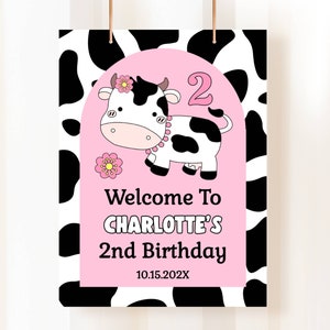 Editable Cow Birthday Sign Cow Birthday Decorations Sign Kids Welcome Sign for Birthday Farm Girl Birthday Decor Pink Barnyard COWB1