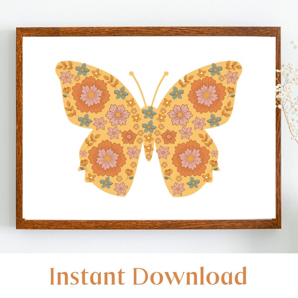 Trendy Wall Art Boho Wall Prints Retro Butterfly Wall Art Groovy Wall Art Download Retro Floral Wall Art 70s Floral Teen Bedroom Wall Decor