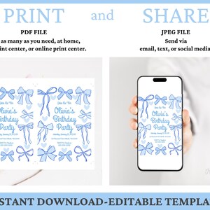 May include: A digital invitation template for Olivia's birthday party, featuring light blue bows and hearts. The design is shown on a printed card and a smartphone screen. The text includes "Print" and "Share" options.