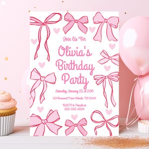 May include: Pink birthday party invitation with a white background and pink bows. The invitation says "Join Us For Olivia's Birthday Party" with the date and time and RSVP information.
